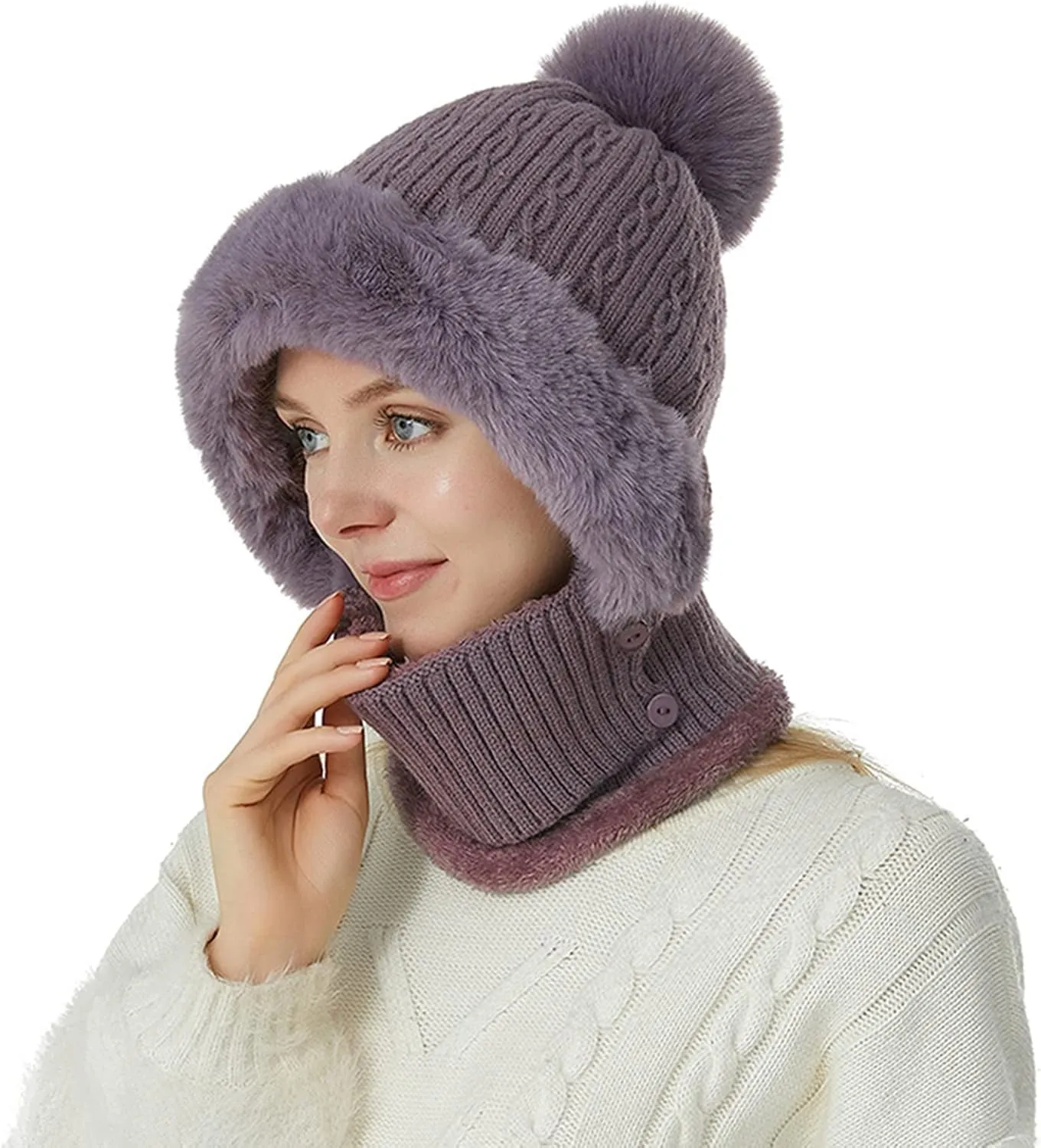 3 in 1 Mask Scarf Knitted Hat, Winter Hat with Mask, Knitted Hat with Ear Protectors for Women Kids Ski Snow Hat Ski Snow Hat