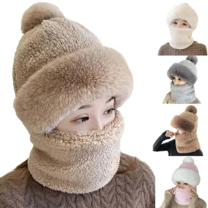 3 in 1 Winter Knitted Beanie Hat Face Neck Warmer Set for Women Girls Fleece Lined Ski Caps with Pompom Caps with Pompom