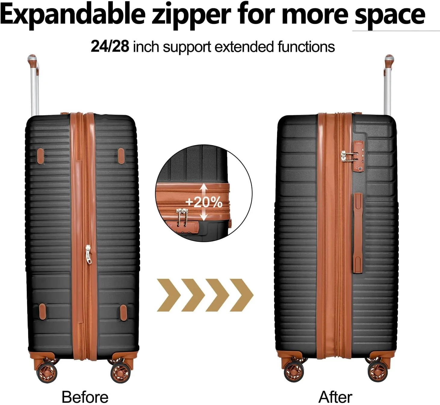 3 Pcs Luggage Sets Expandable Hardshell Luggage Set for Men and Women Lightweight Travel Suitcase with Double Spinner Wheels and TSA Lock, 20''24''28'' Black Brown