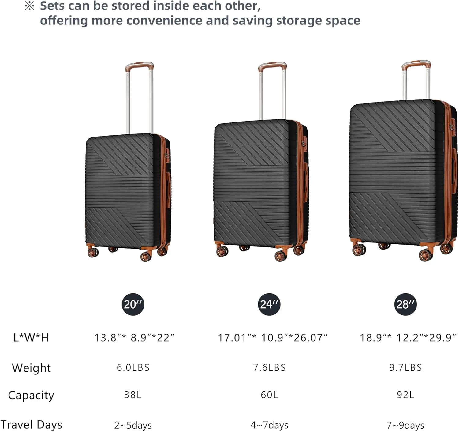 3 Pcs Luggage Sets Expandable Hardshell Luggage Set for Men and Women Lightweight Travel Suitcase with Double Spinner Wheels and TSA Lock, 20''24''28'' Black Brown