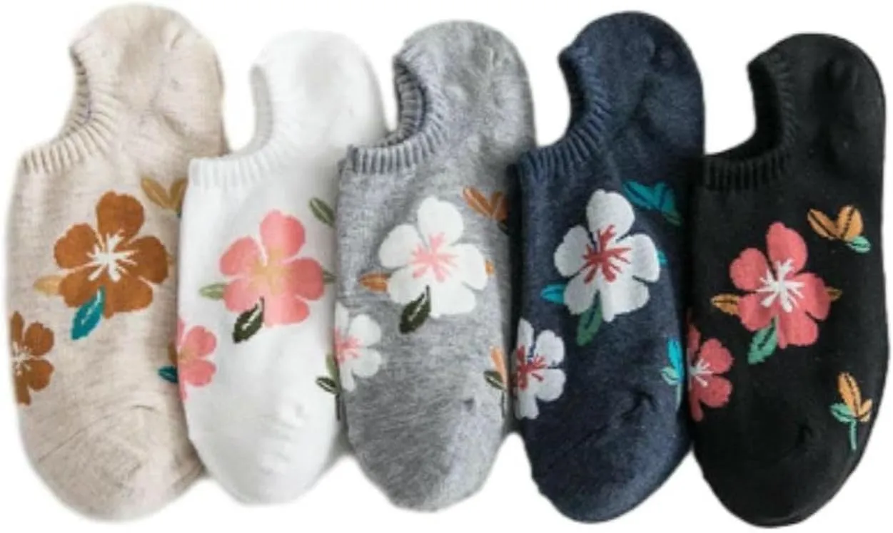 5 Pairs Women Flower Pattern Summer Thin Short Socks Breathable Soft Knitted Casual Socks 