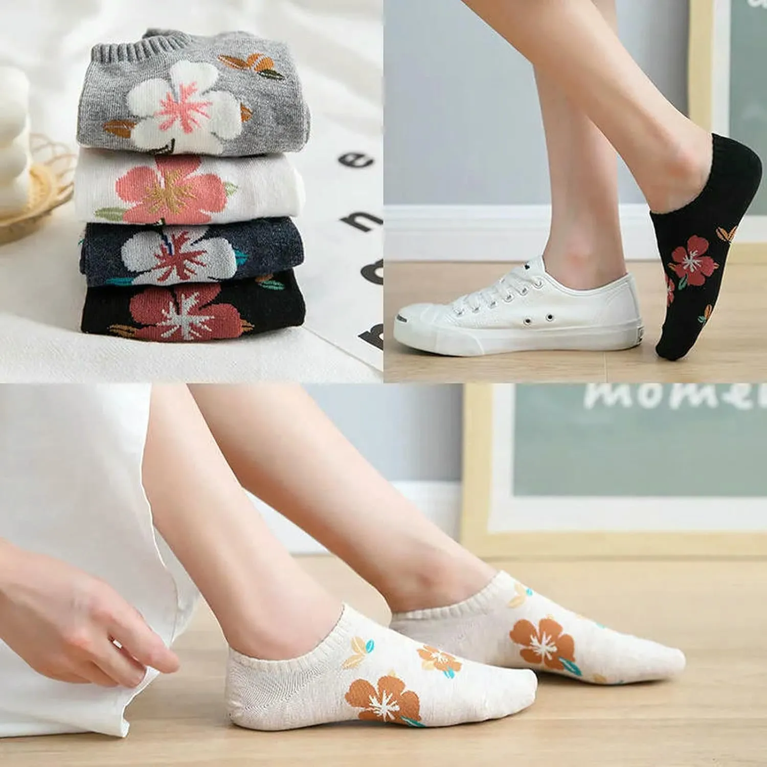5 Pairs Women Flower Pattern Summer Thin Short Socks Breathable Soft Knitted Casual Socks 