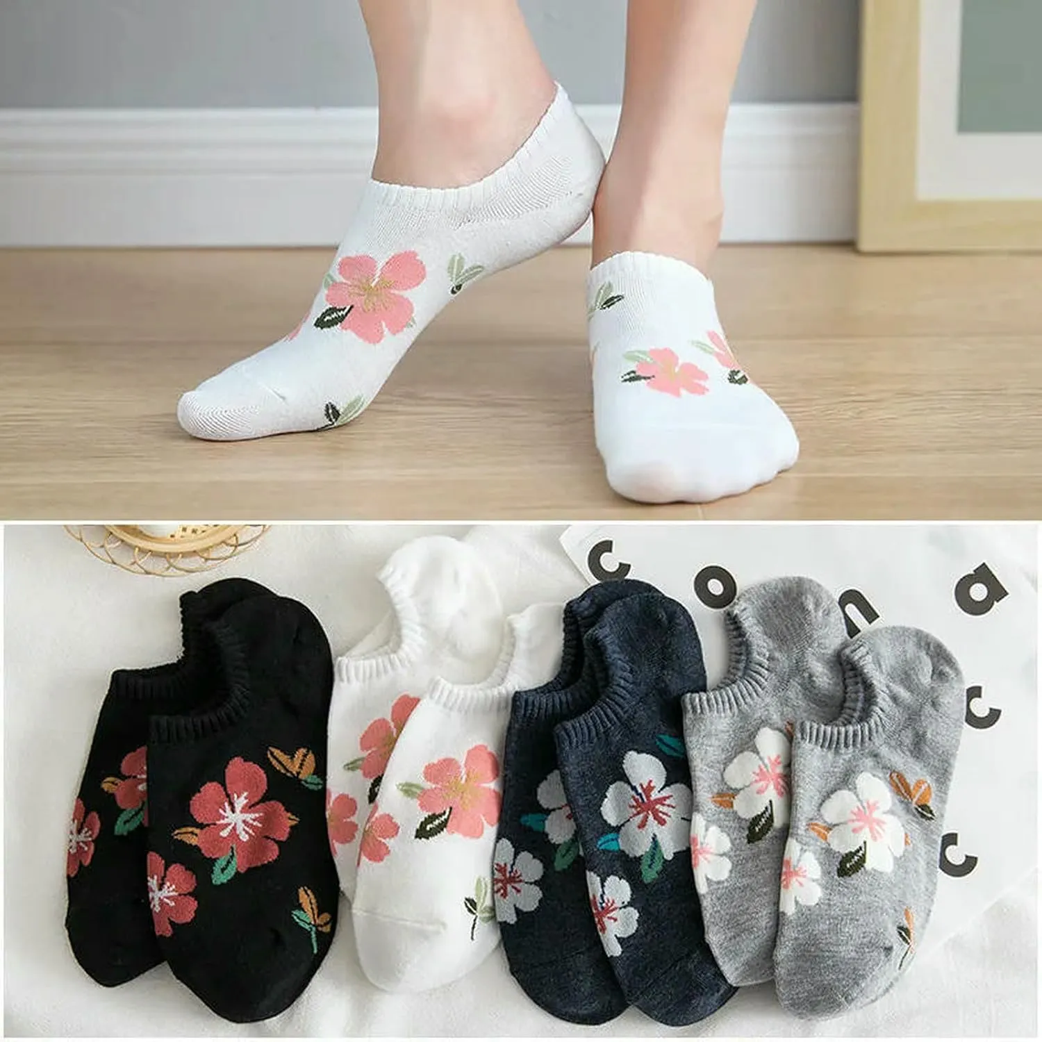 5 Pairs Women Flower Pattern Summer Thin Short Socks Breathable Soft Knitted Casual Socks 