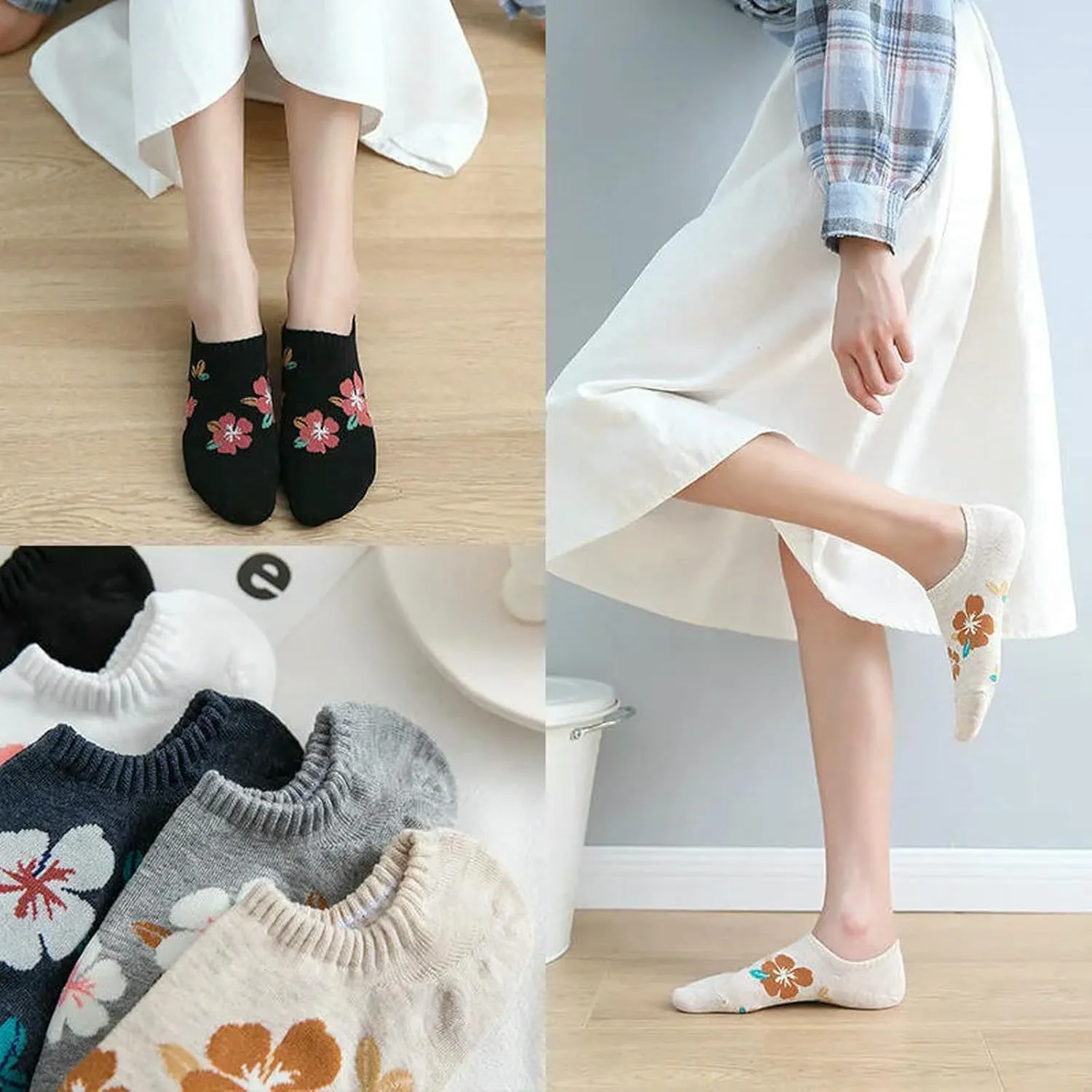 5 Pairs Women Flower Pattern Summer Thin Short Socks Breathable Soft Knitted Casual Socks 