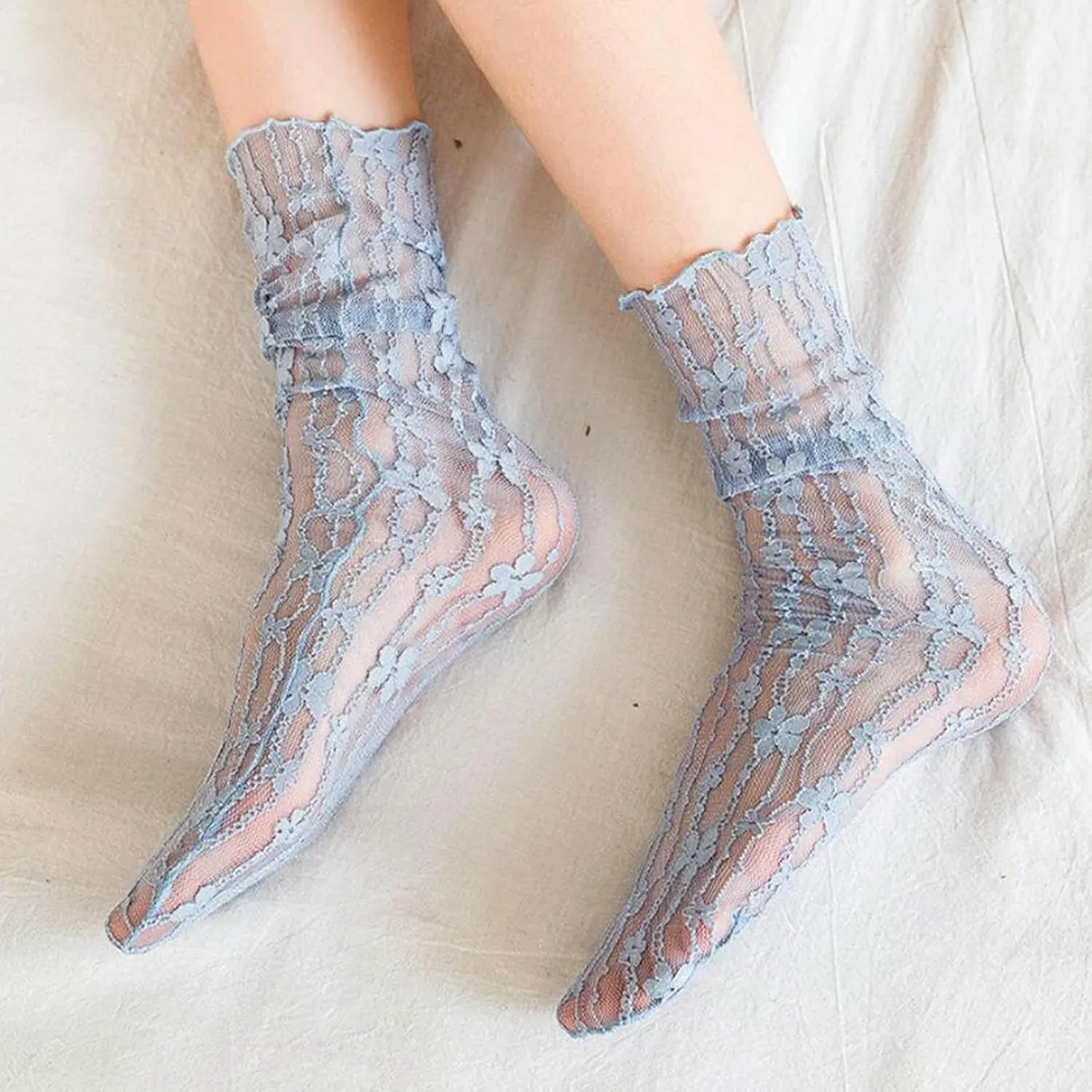 6 Pair Women Summer Sexy Lace Flower Fashion Thin Transparent Hollow Mesh Crew Socks