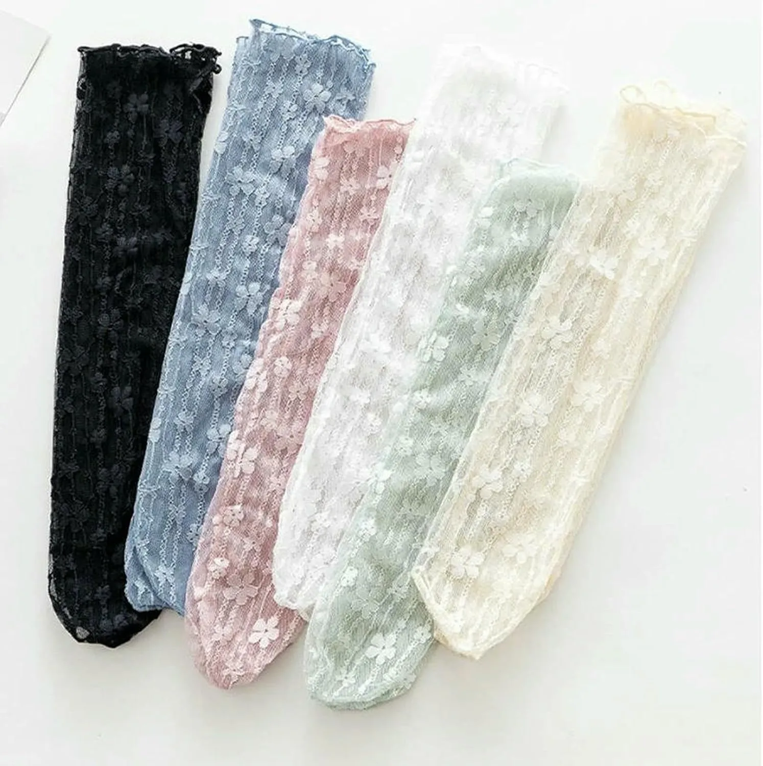 6 Pair Women Summer Sexy Lace Flower Fashion Thin Transparent Hollow Mesh Crew Socks