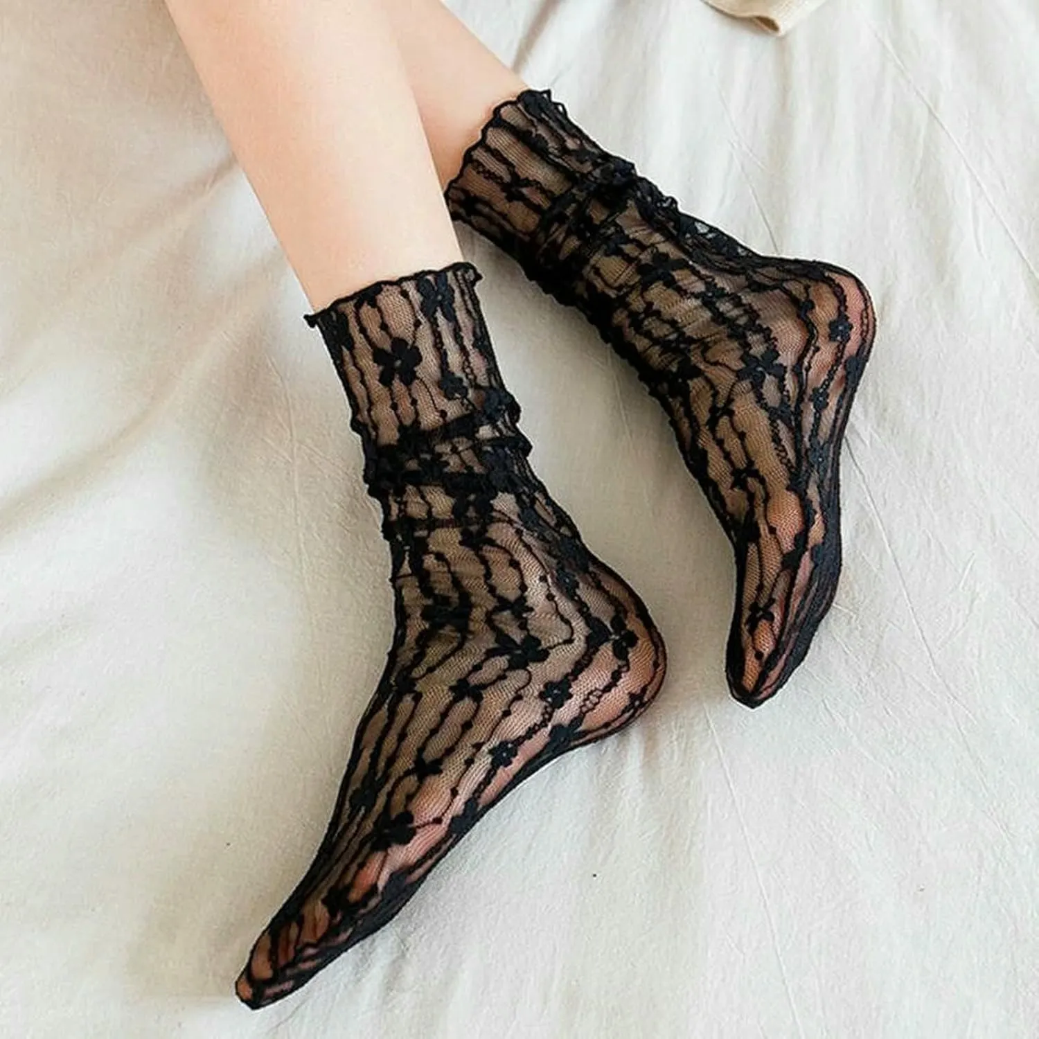 6 Pair Women Summer Sexy Lace Flower Fashion Thin Transparent Hollow Mesh Crew Socks