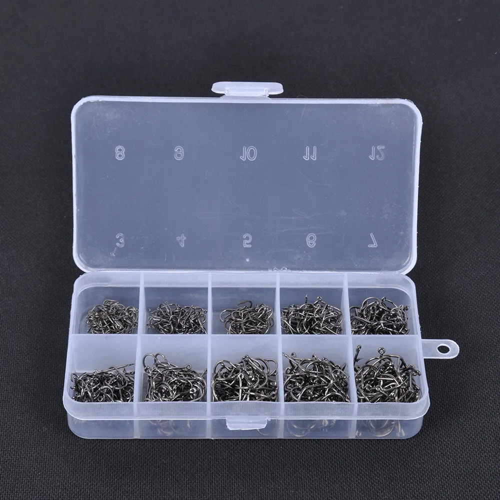 600pcs Carbon Steel Fishing Jig Hooks with Hole Fly Fishing Tackle Box 3# -12# 10 Sizes Fish Hooks