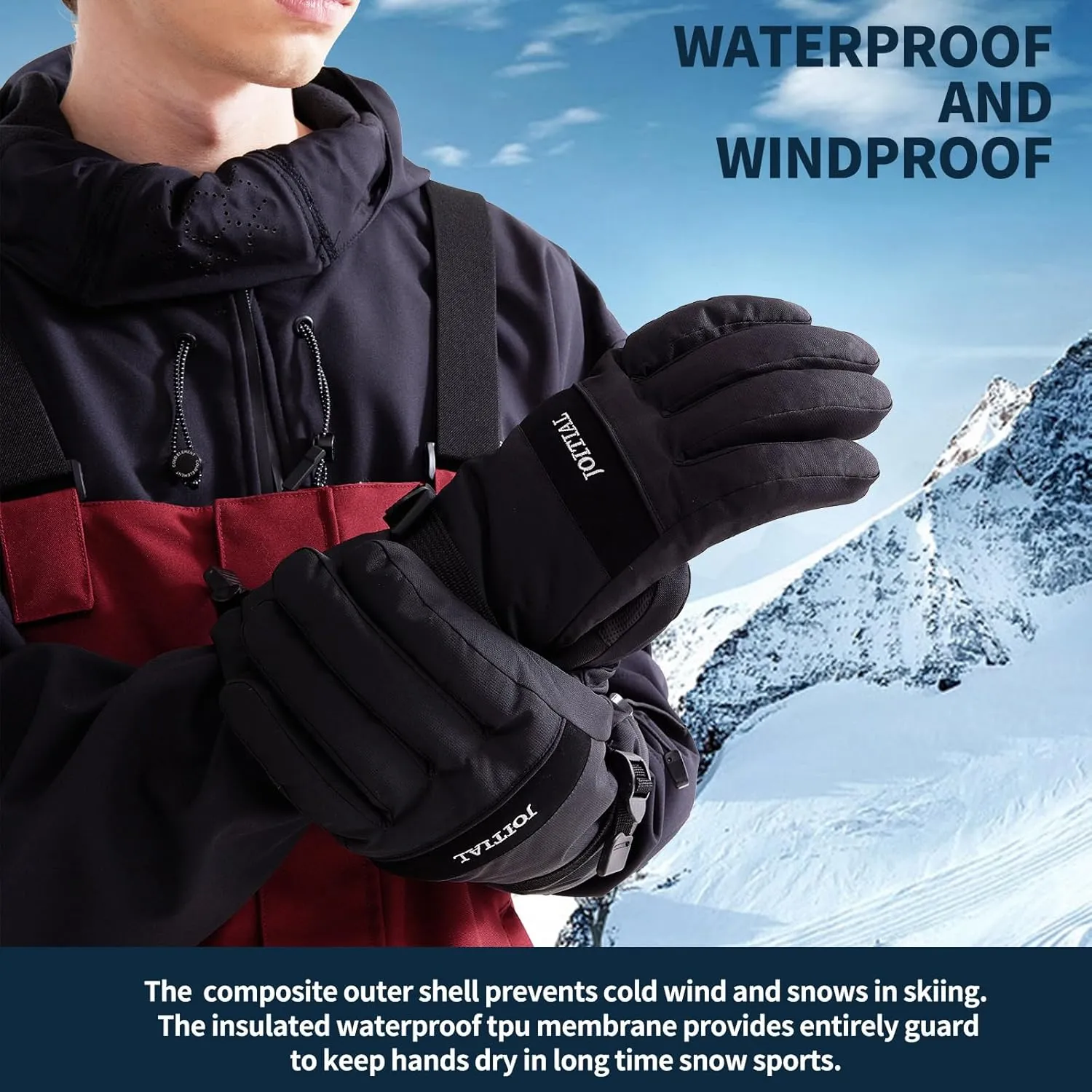 Adult Unisex Waterproof & Wear-Resistant Ski Gloves - Warm & Multifunctional - Anti-Slip - Black