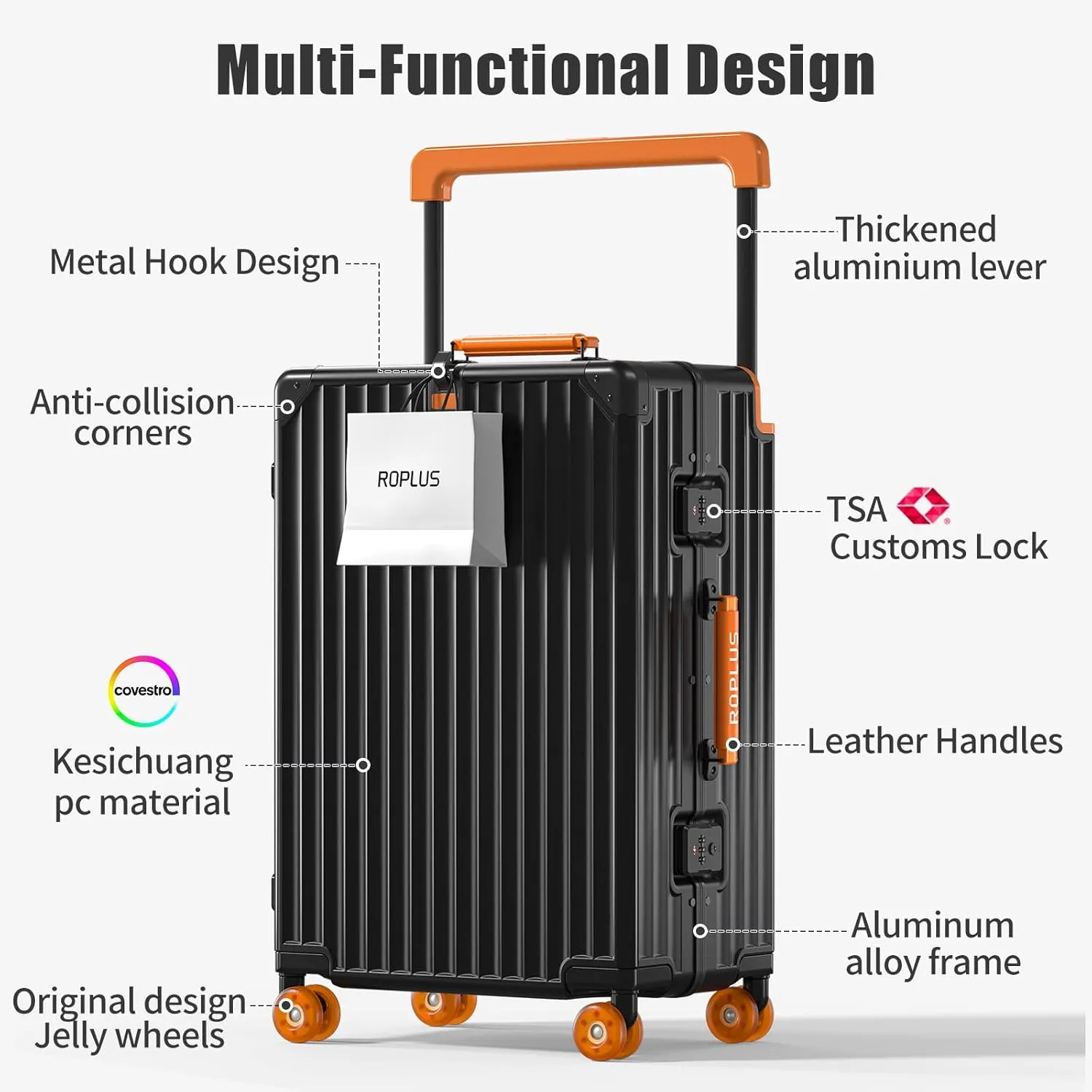 Aluminium Frame Carry on Luggage with Smooth Jelly Wheels, Hardside Zipperless Rolling Suitcase with TSA Lock (Black, 21-Inch)