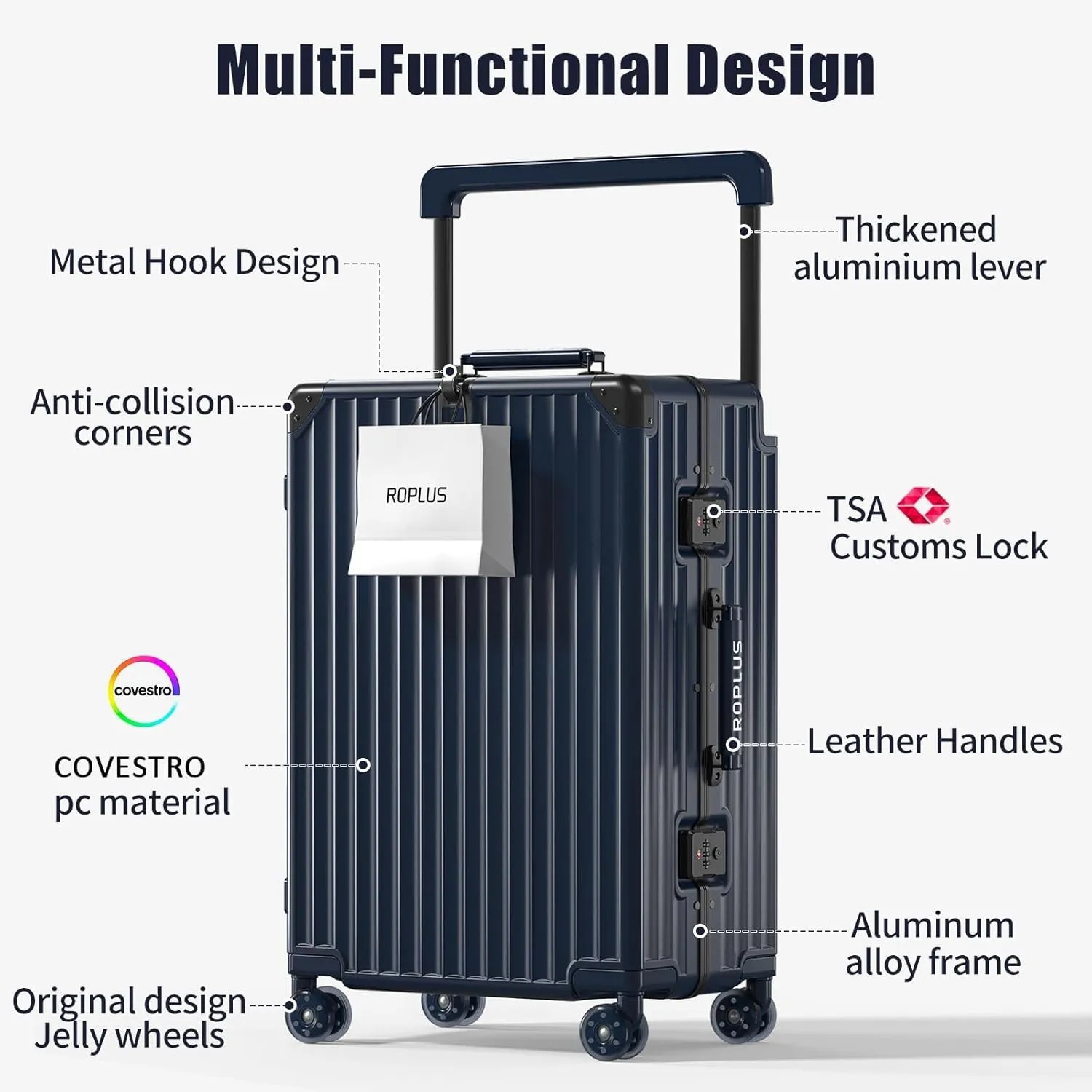 Aluminium Frame Carry on Luggage with Smooth Jelly Wheels, Hardside Zipperless Rolling Suitcase with TSA Lock (Blue, 21-Inch)