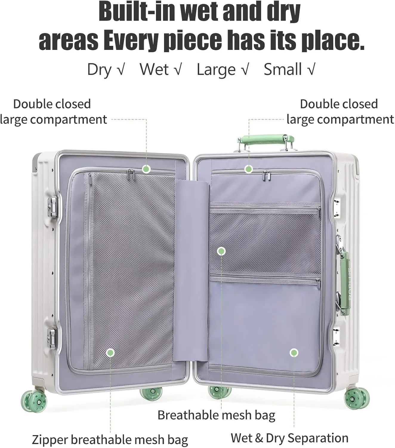 Aluminium Frame Carry on Luggage with Smooth Jelly Wheels, Hardside Zipperless Rolling Suitcase with TSA Lock (White, 21-Inch)