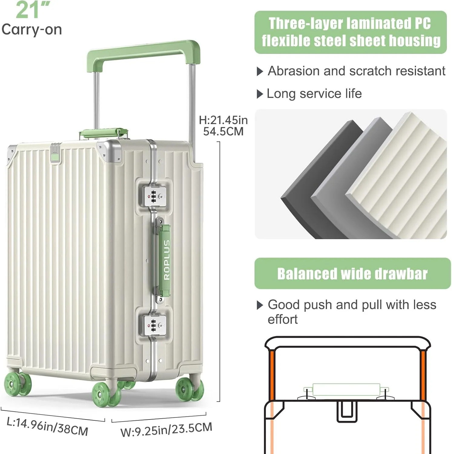 Aluminium Frame Carry on Luggage with Smooth Jelly Wheels, Hardside Zipperless Rolling Suitcase with TSA Lock (White, 21-Inch)