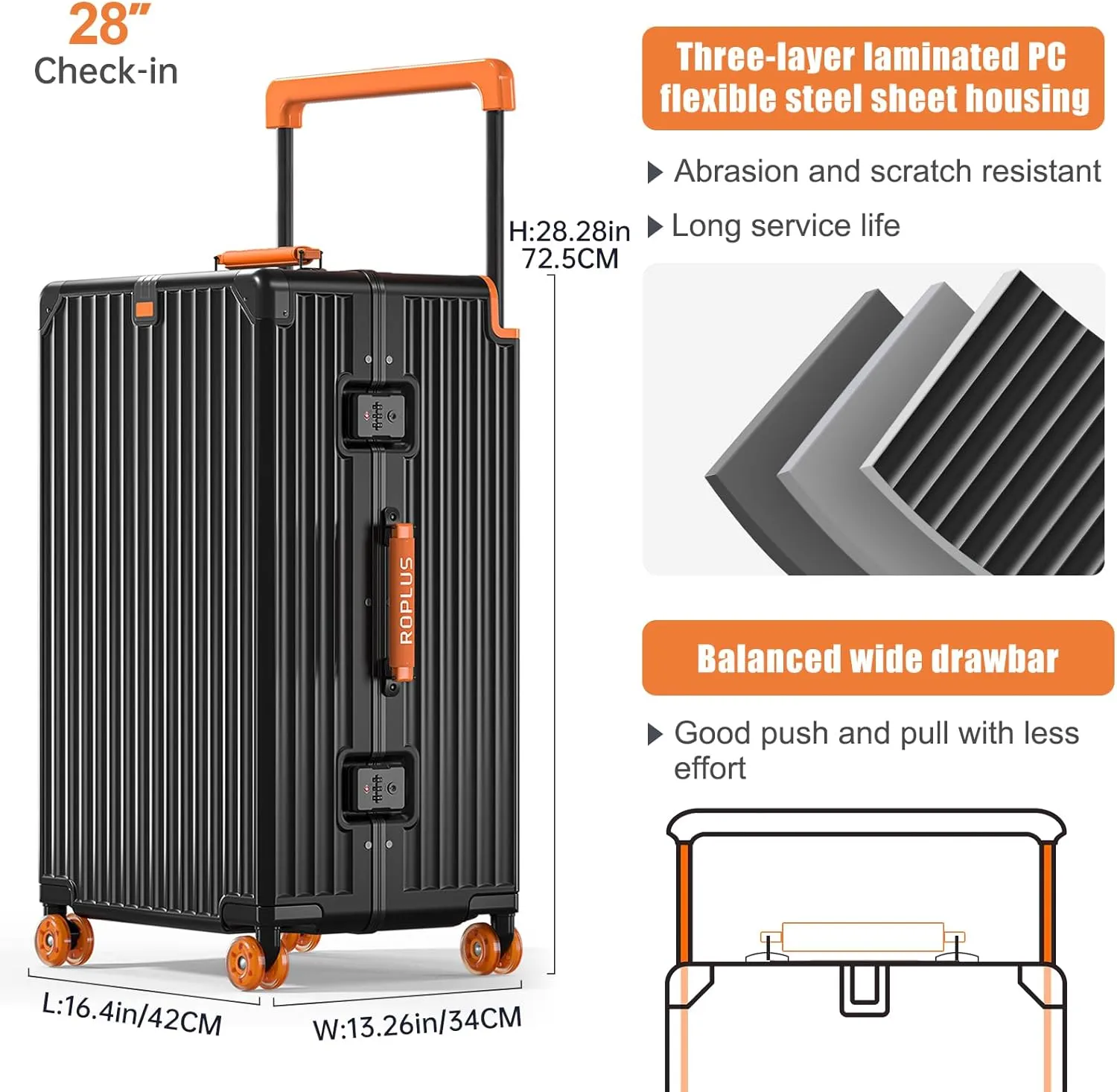 Aluminium Frame Checked- In Luggage with Smooth Jelly Wheels, Hardside Zipperless Rolling Suitcase with TSA Lock (Black, 28-Inch)