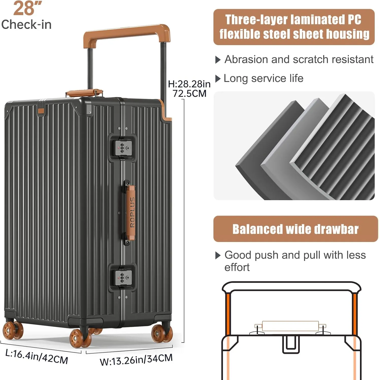 Aluminium Frame Checked-Luggage with Smooth Jelly Wheels, Hardside Zipperless Rolling Suitcase with TSA Lock (Grey, 28-Inch)