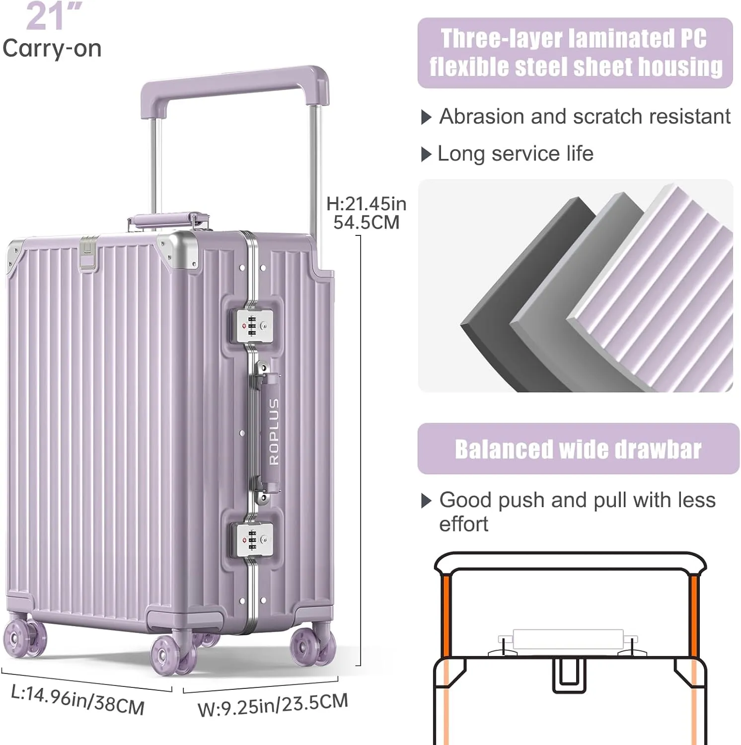 Aluminium Frame Checked-Luggage with Smooth Jelly Wheels, Hardside Zipperless Rolling Suitcase with TSA Lock (Purple, 21-Inch)
