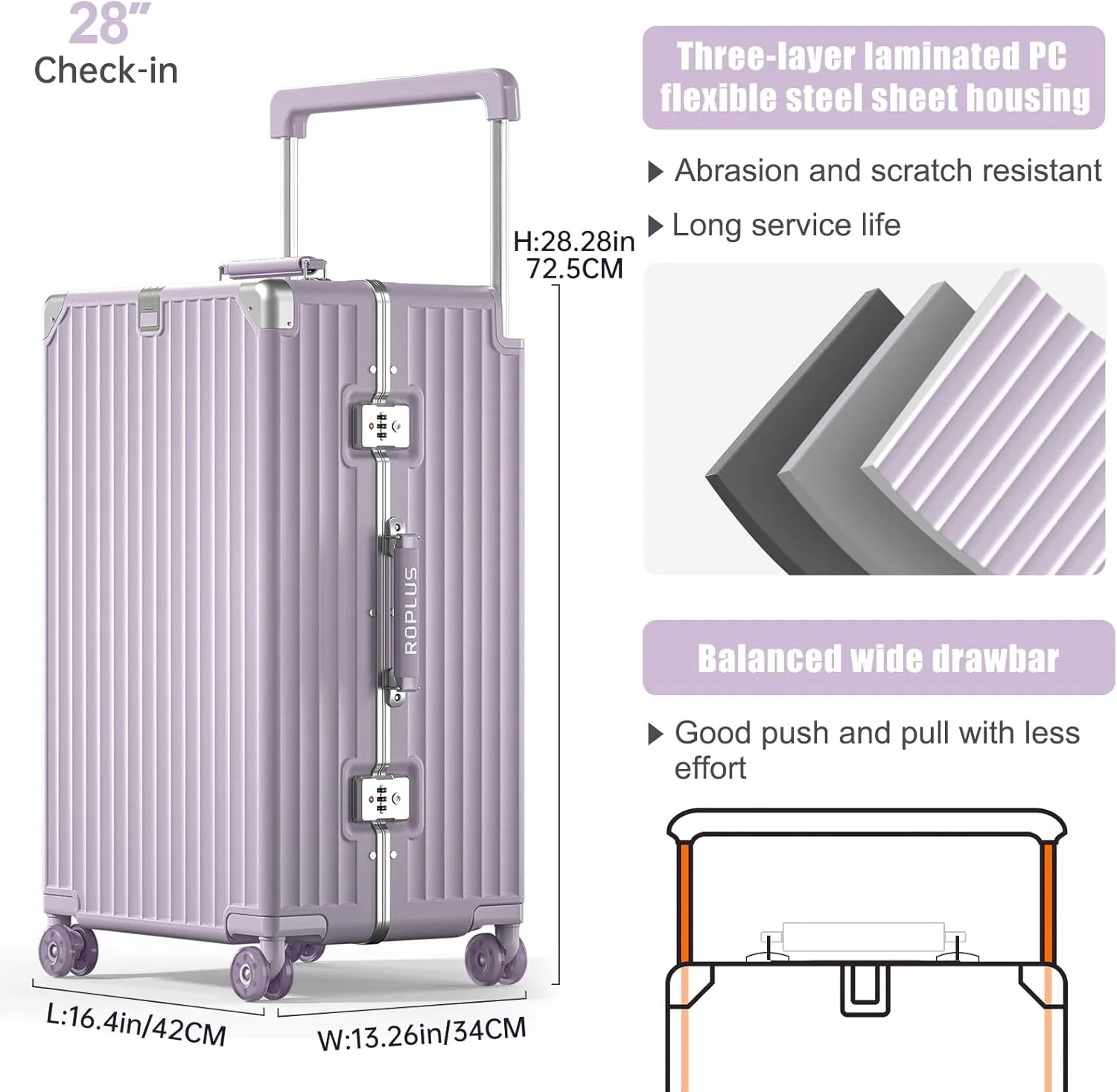 Aluminium Frame Checked-Luggage with Smooth Jelly Wheels, Hardside Zipperless Rolling Suitcase with TSA Lock (Purple, 28-Inch)