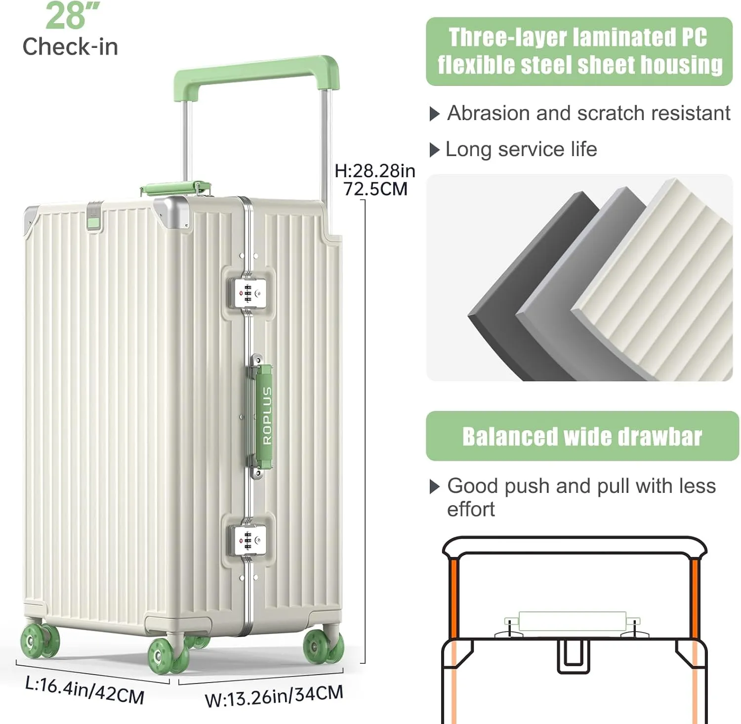 Aluminium Frame Checked-Luggage with Smooth Jelly Wheels, Hardside Zipperless Rolling Suitcase with TSA Lock (White, 28-Inch)