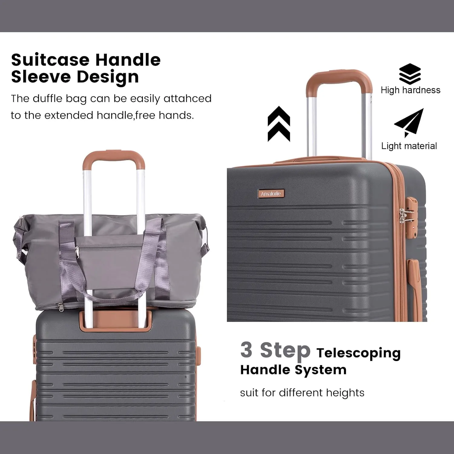 Amalodie Luggage Sets 5 Piece,Suitcases with Double Spinner Wheels,Hardcase 3 set Luggage with TSA Lock and Waterproof Travel Duffle Bag