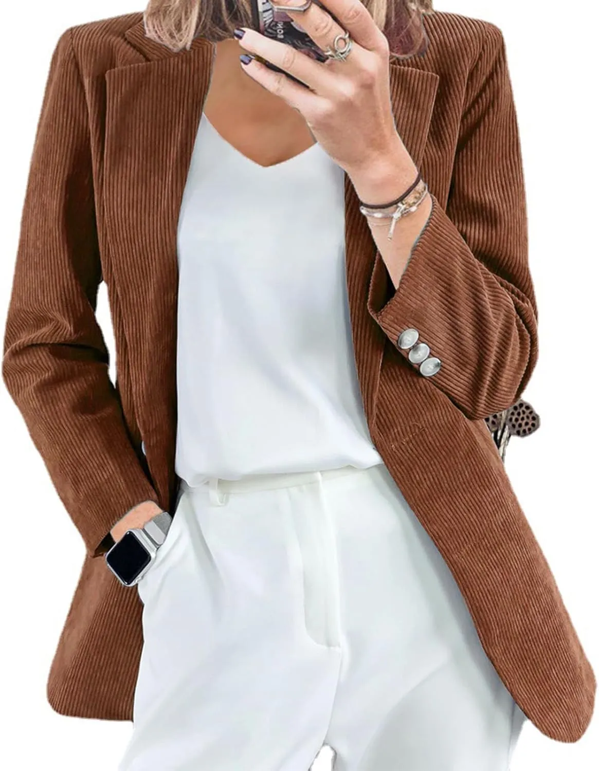 Binmer Women Corduroy Blazer Jackets Casual Boyfriend Open Front Dressy Business Work Office Suit Coat Loose Fit Fall Outwear
