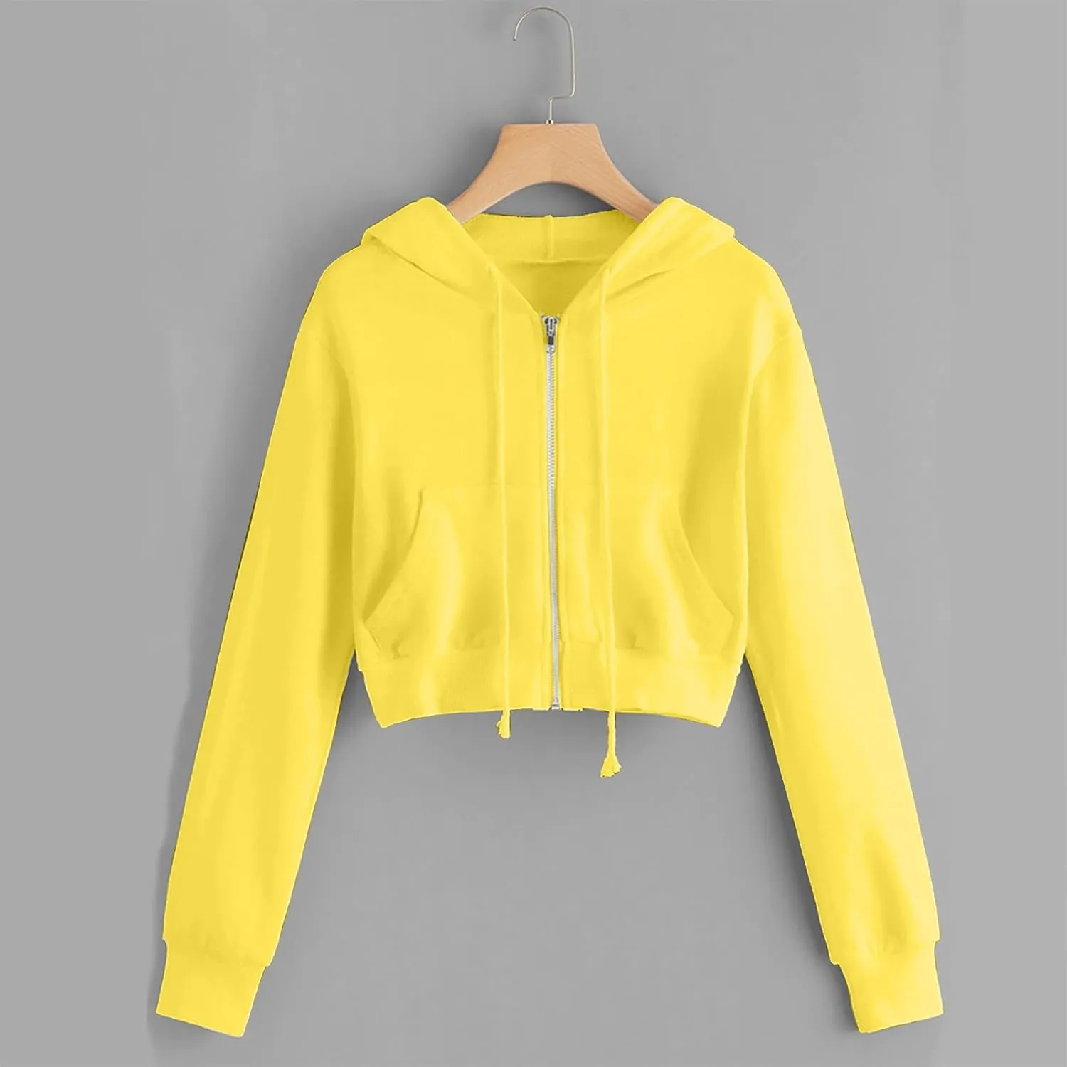 Binmer Zip Up Hoodie Women Cropped Sweatshirts Casual Long Sleeve Drawstring Hooded Jacket Workout Crop Tops with Pockets
