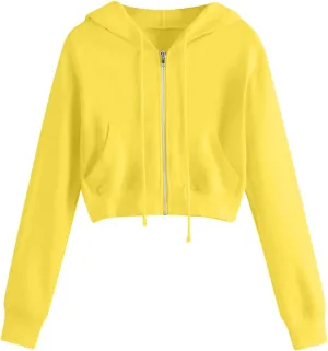Binmer Zip Up Hoodie Women Cropped Sweatshirts Casual Long Sleeve Drawstring Hooded Jacket Workout Crop Tops with Pockets