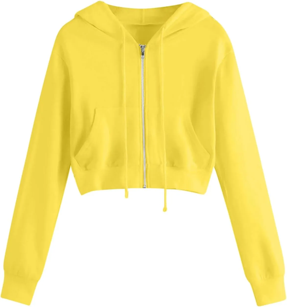 Binmer Zip Up Hoodie Women Cropped Sweatshirts Casual Long Sleeve Drawstring Hooded Jacket Workout Crop Tops with Pockets