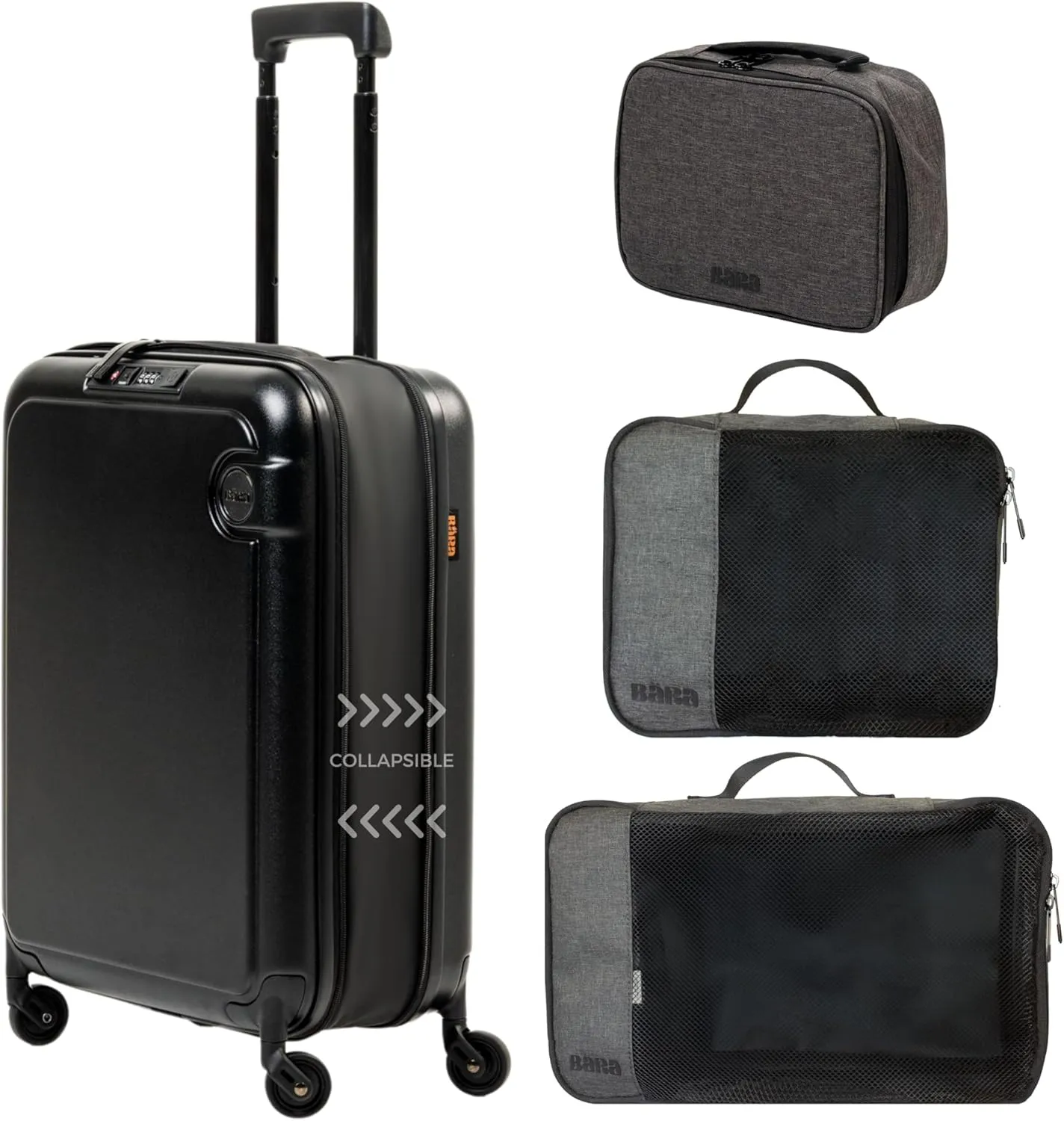 BRA Travel Sets - Hardshell Collapsible 20 Inch Carry On Luggage, Packing Cubes & Toiletry Bag - 360 Spinner Wheels, TSA Approved Lock, Water Resistant Expandable Suitcase & Travel Accessories,