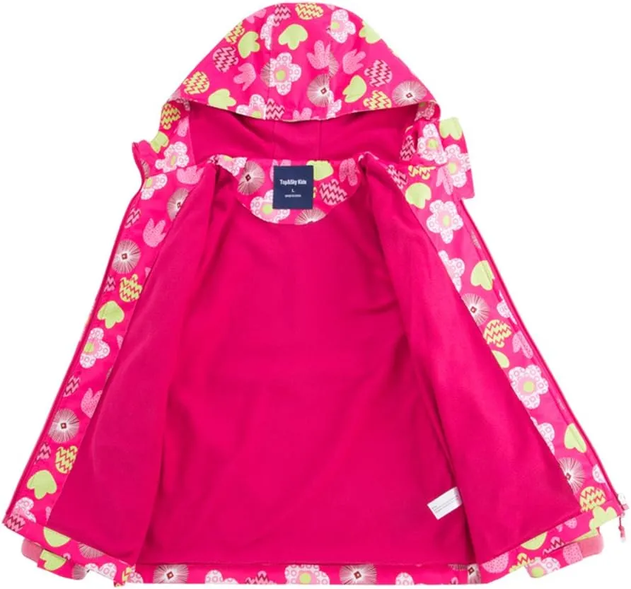 C2M Girls Boys Rain Jacket Waterproof Hooded Raincoats Fleece Lined Windbreakers for Kids