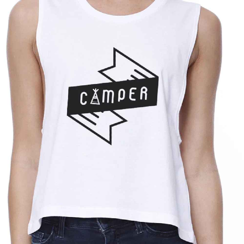Camper Women's White Cotton Crop Tee Unique Graphic Crew Neck Tanks