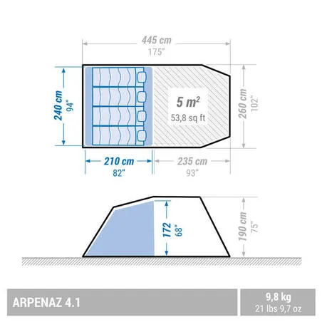 Camping tent with poles - arpenaz 4.1 - 4 person - 1 bedroom