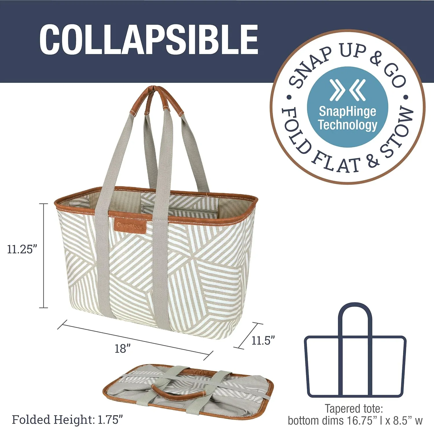 CleverMade Snapbasket LUXE Collapsible Tote - Geometric Taupe 1 Pack 30L / 8 Gal - Reusable Grocery Collapsible Storage Shopping Organizer