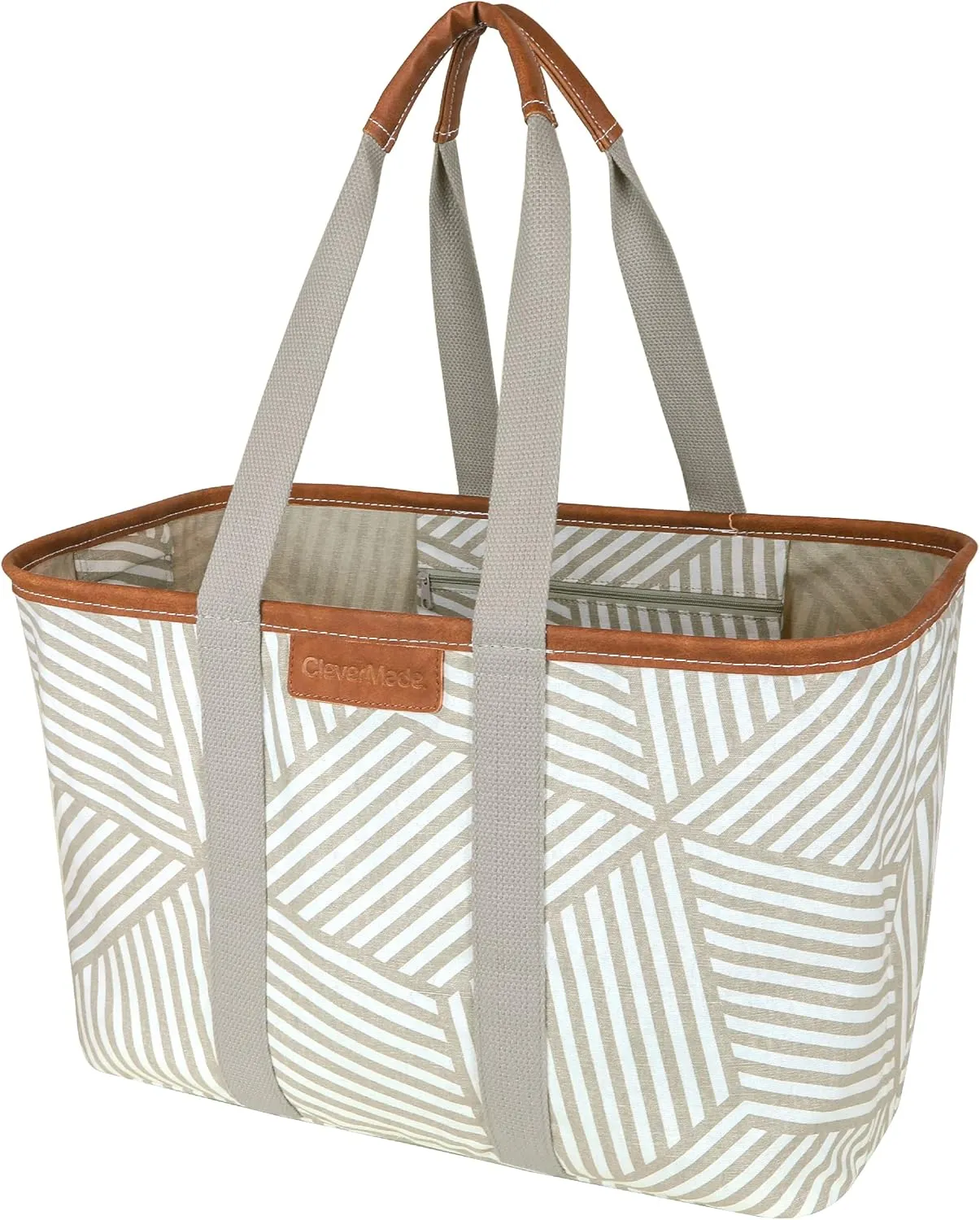 CleverMade Snapbasket LUXE Collapsible Tote - Geometric Taupe 1 Pack 30L / 8 Gal - Reusable Grocery Collapsible Storage Shopping Organizer
