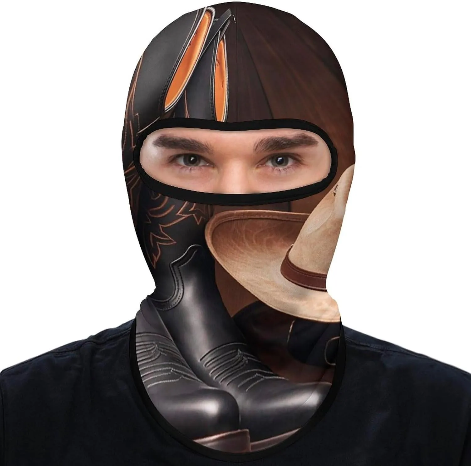 Cowboy Black Hat Western Boots Balaclava Ski Mask Lightweight Neck Gaiter Windproof Full Head Mask for Men Women Cold Weather Face Mask for Cycling Motorcycle Snowboarding