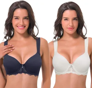 Curve Muse Women's Lightly Padded Underwire Lace Bra with Padded Shoulder Straps