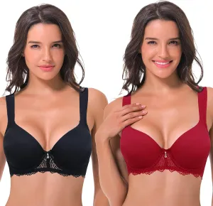 Curve Muse Women's Lightly Padded Underwire Lace Bra with Padded Shoulder Straps