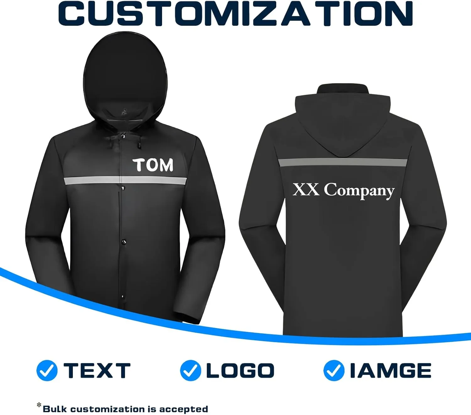 Custom Rain Coat Reusable Hooded Rain Ponchos Waterproof Reflective Jacket for Men Women Adults