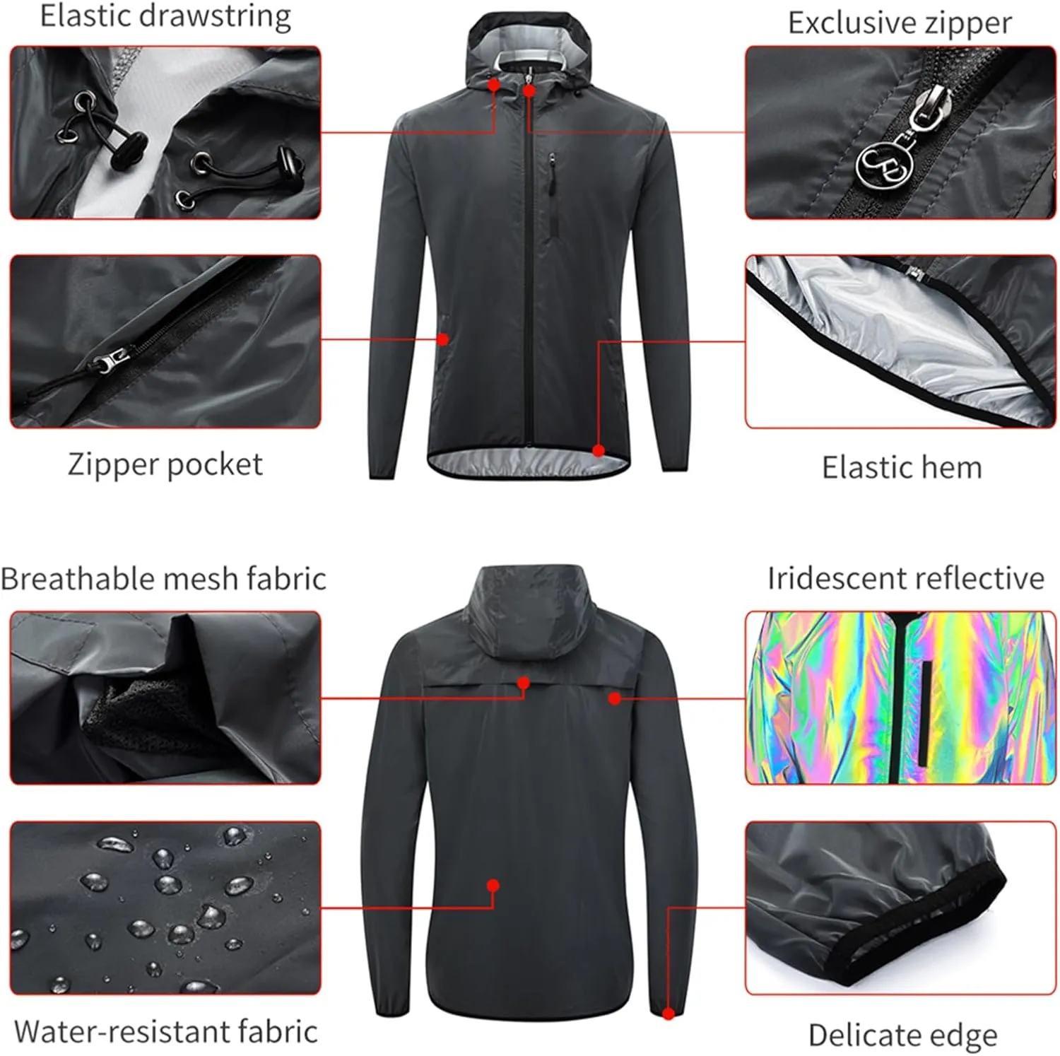 Cycling Jacket for Men Fully Reflective, Women's Waterproof Breathable with Hood for Cycling, Running, Hiking