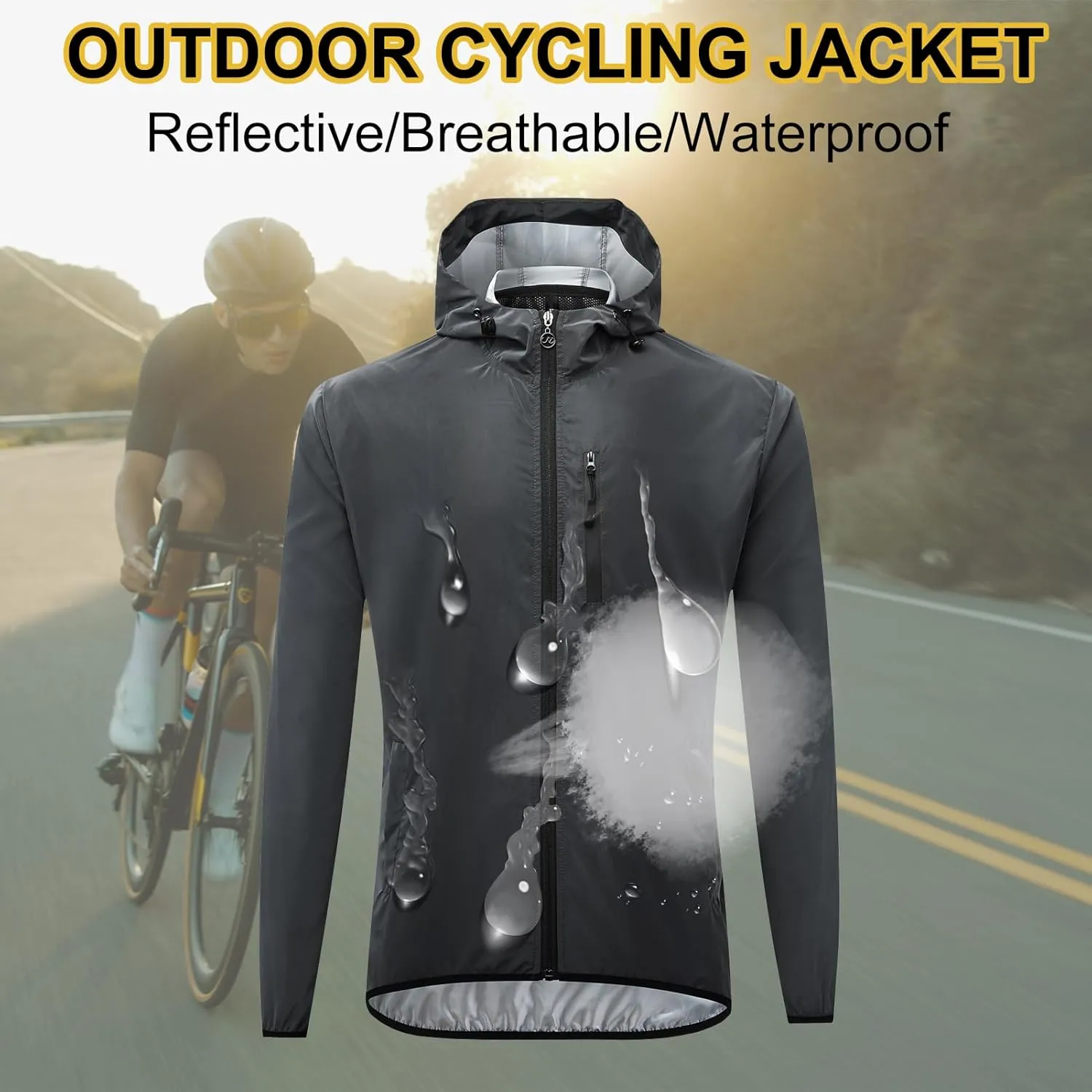 Cycling Jacket for Men Fully Reflective, Women's Waterproof Breathable with Hood for Cycling, Running, Hiking
