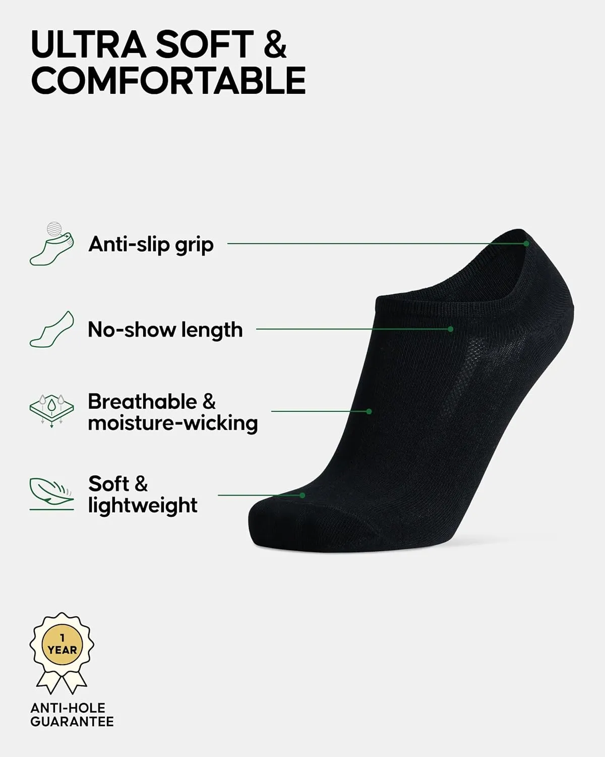 DANISH ENDURANCE 6-pack No Show Bamboo Viscose Socks, No Slip, Women & Men