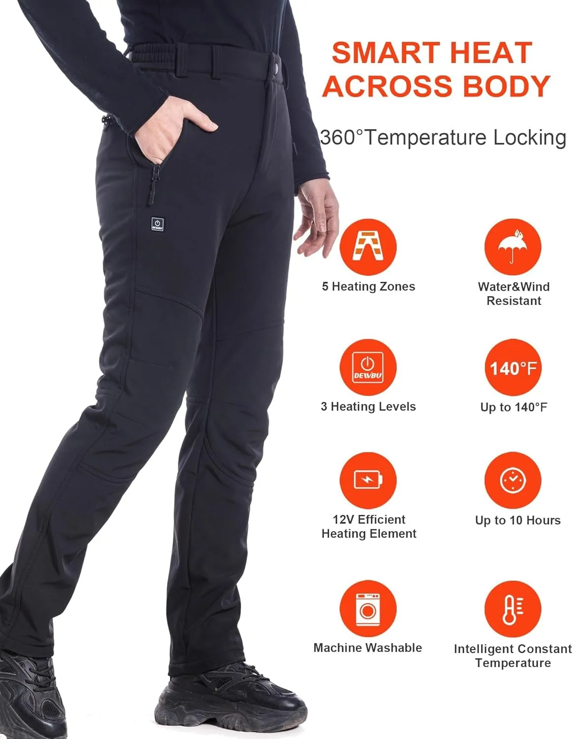 DEWBU Heated Pants for Women with 12V Battery Pack Fleece Lined Outdoor Softshell Pants Electric Heating Trousers