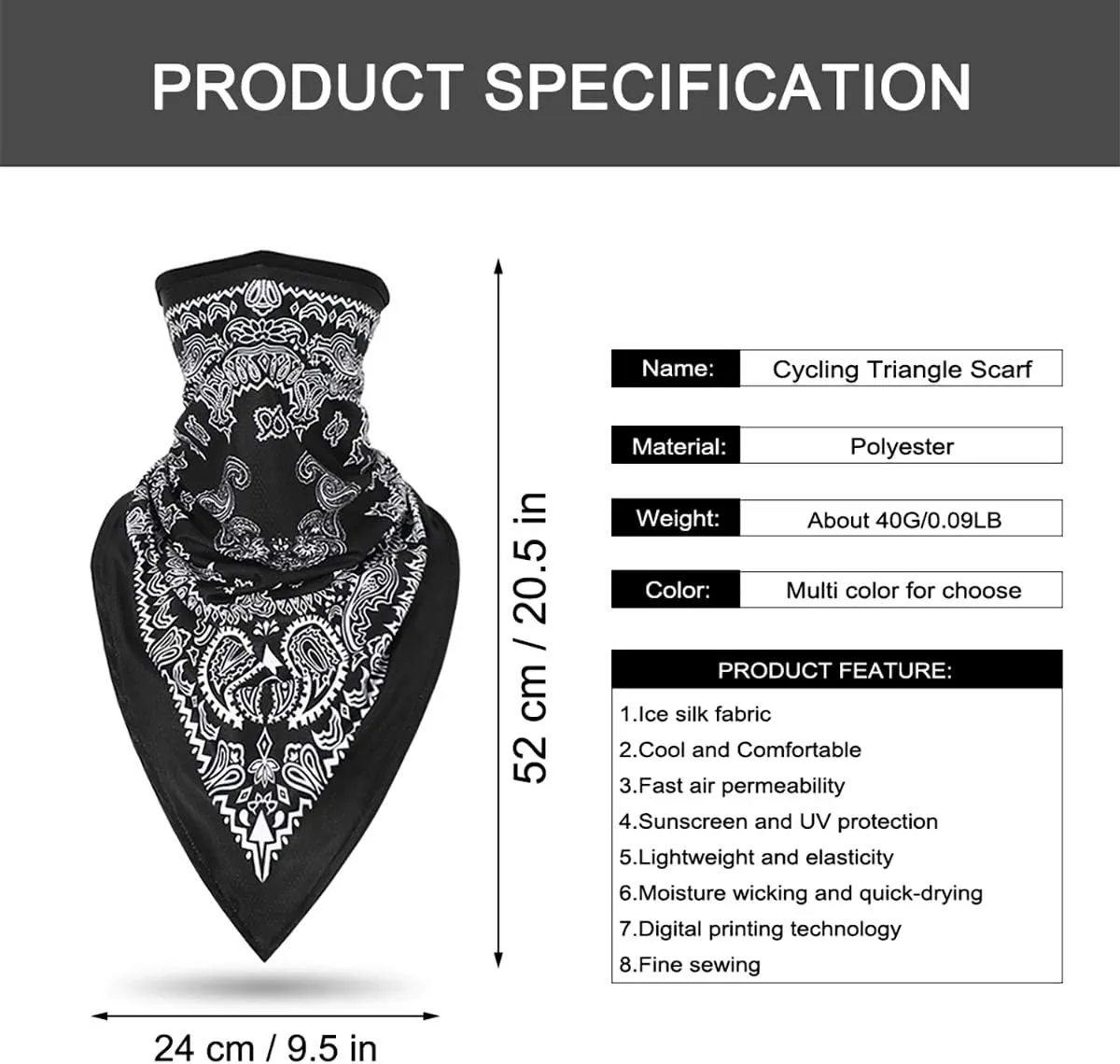 ECYC Summer Breathable Bandana Headwear Half Face Guard Neck Gaiter Scarf Mask