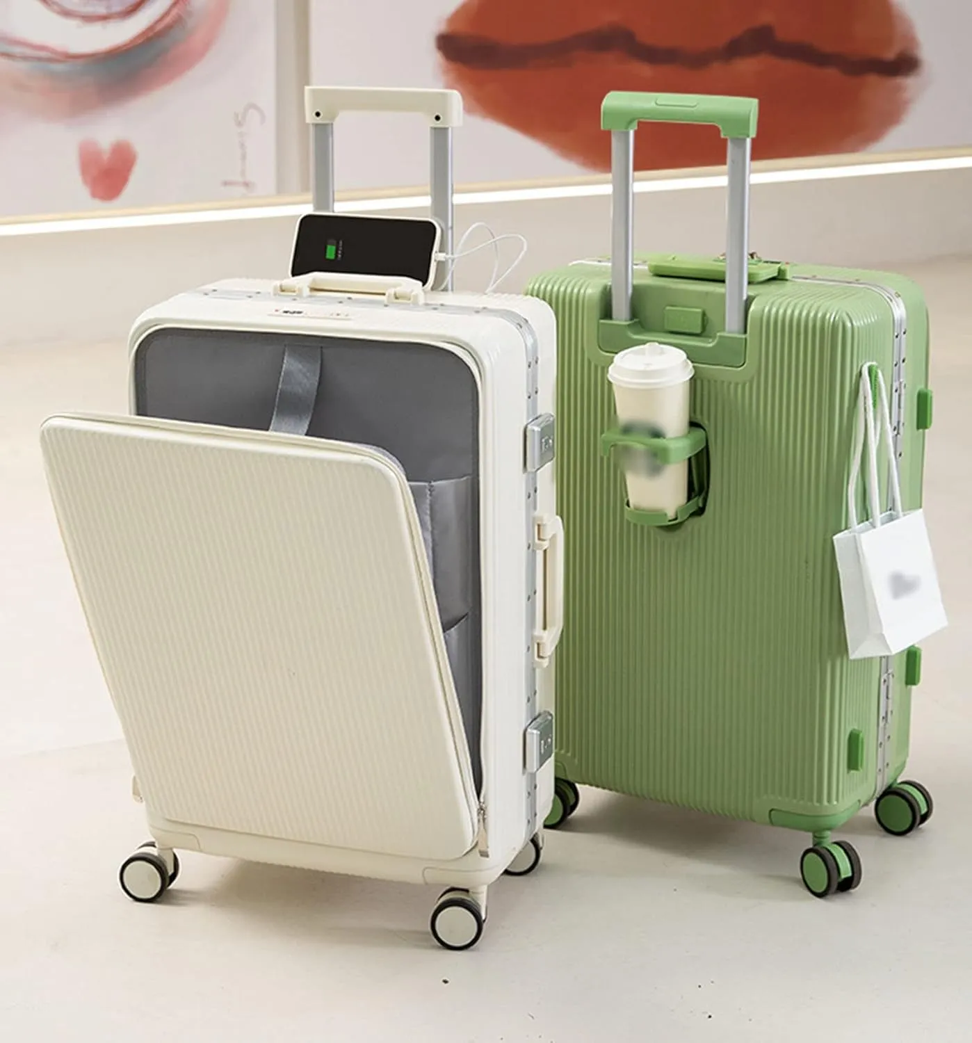 Expandable Rolling Suitcase, Carry-on Luggage with USB Interface, 360 Shock-Absorbing Silent Universal Wheels, Super Large Capacity (Green 20 inches)