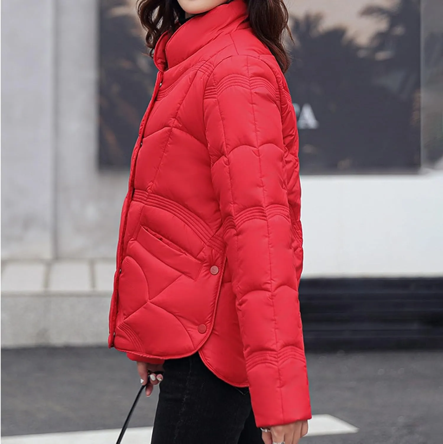 Fashion Solid Winter Button Padded Jacket for Womens Casual Loose Insulated Padded Coat Long Sleeve Pockets Overcoat
