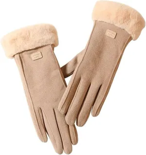 Female Winter Gloves Warm Lined Touchscreen Driving Gloves Suede Leather Plush Cuff Mitten for Women