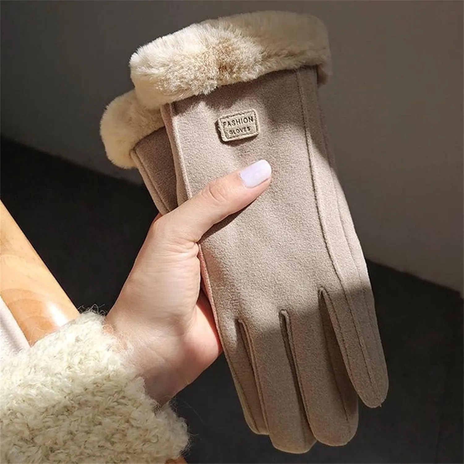 Female Winter Gloves Warm Lined Touchscreen Driving Gloves Suede Leather Plush Cuff Mitten for Women
