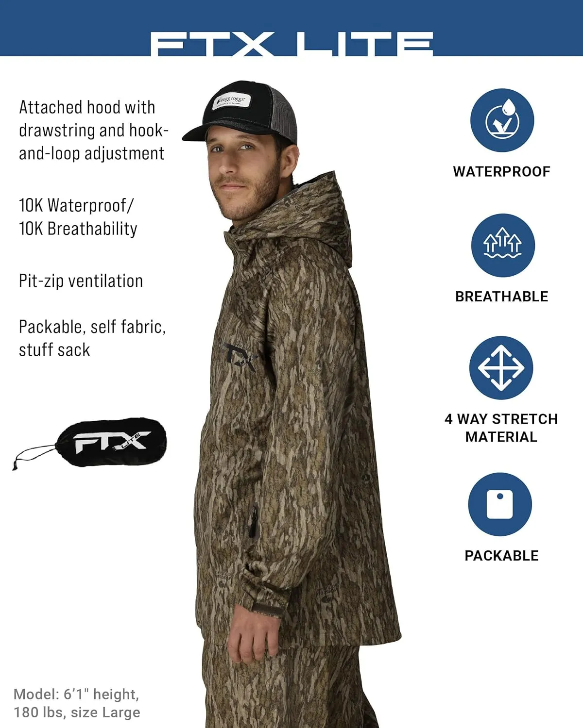 FROGG TOGGS Mens FTX Lite Rain Jacket  3-Layer Waterproof, Breathable, Stretch Comfort
