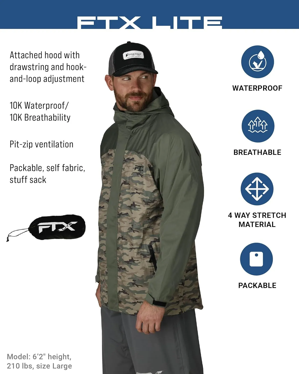 FROGG TOGGS Mens FTX Lite Rain Jacket  3-Layer Waterproof, Breathable, Stretch Comfort