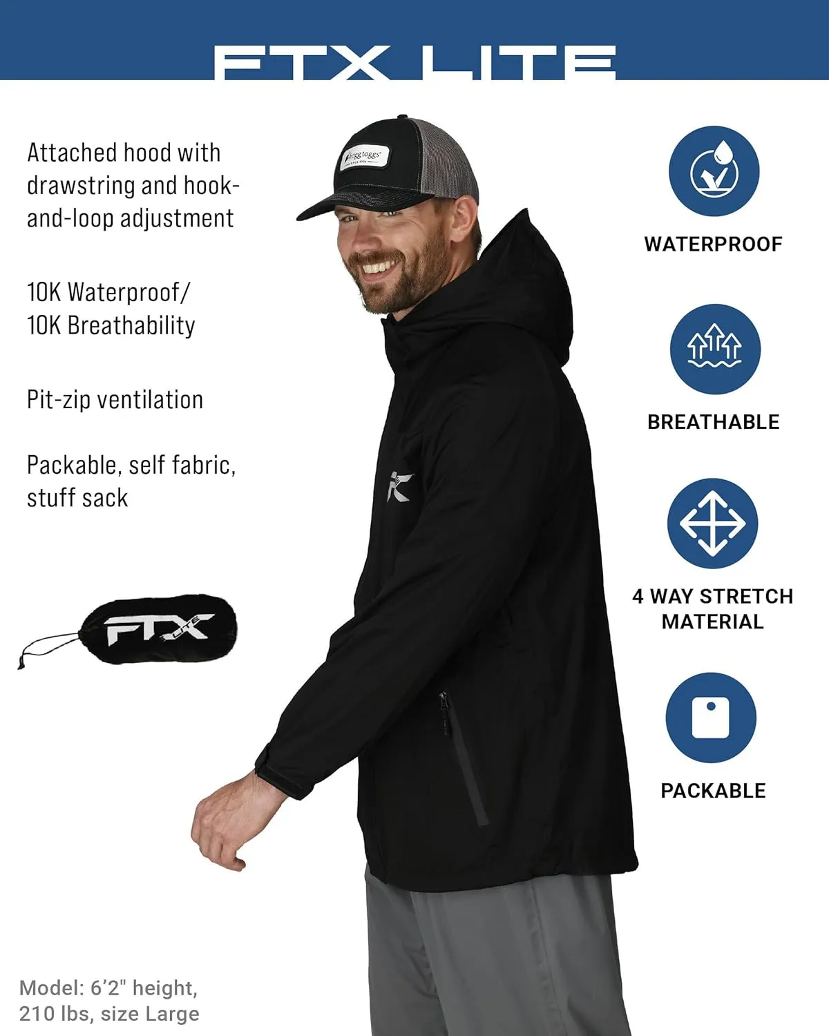 FROGG TOGGS Mens FTX Lite Rain Jacket  3-Layer Waterproof, Breathable, Stretch Comfort