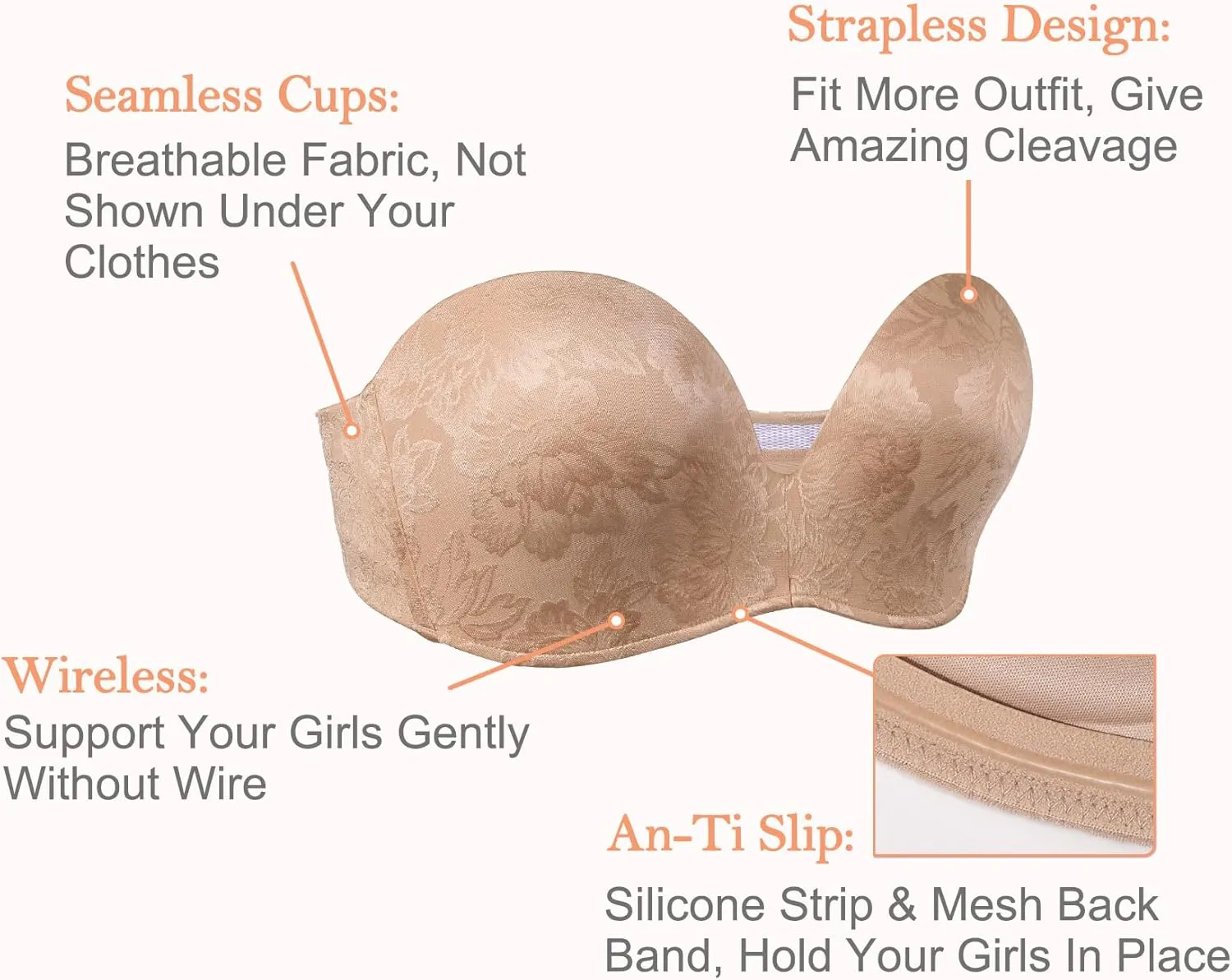 HACI Push Up Strapless Bra for Women Anti-Slip Padded Wireless Stay Put